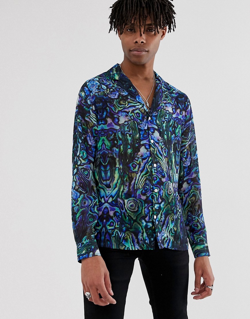 ASOS EDITION - Regular-fit overhemd met doorschijnend patroon met diepe reverskraag-Blauw
