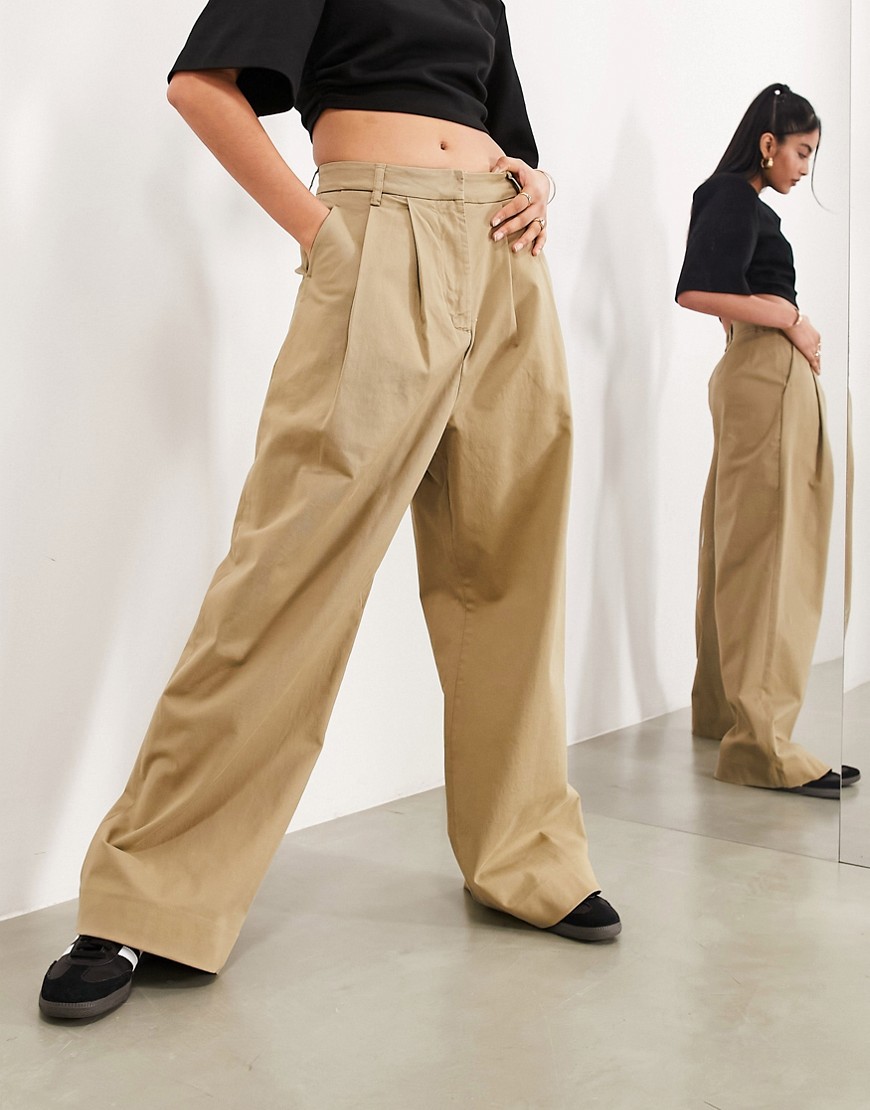 Asos Design Relaxed Cotton Twill Wide Leg Pants In Stone-neutral