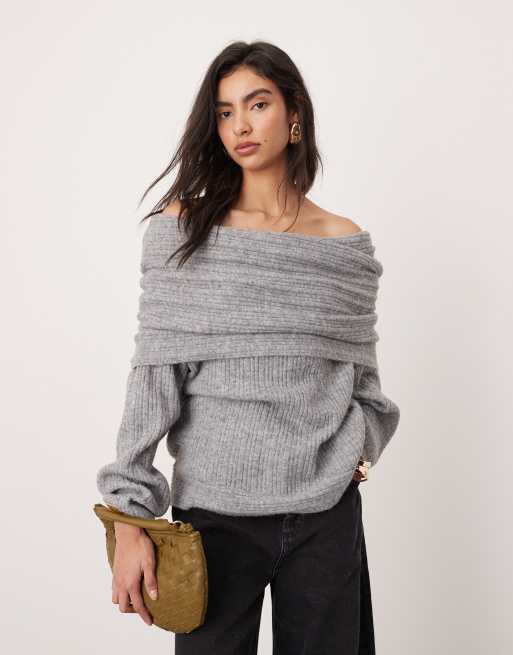 ASOS EDITION rib knit bardot sweater in gray heather