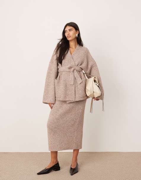 ASOS EDITION ribbed knit maxi skirt and chunky knit wrap longline cardigan set in taupe - view 1