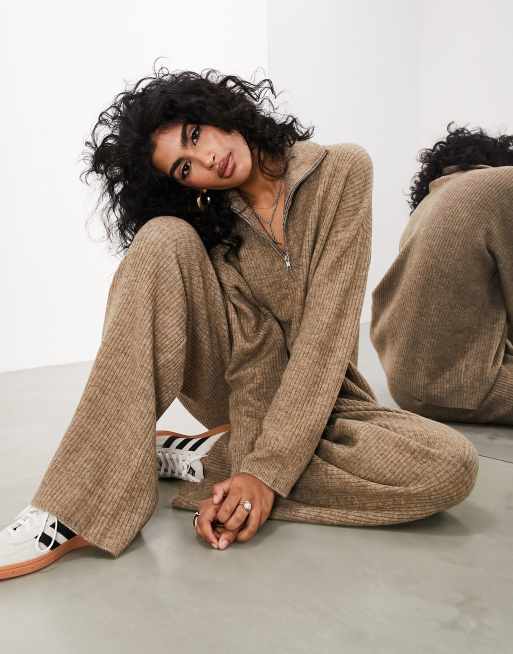 ASOS EDITION ribbed knitted zip sweater and pants set in taupe