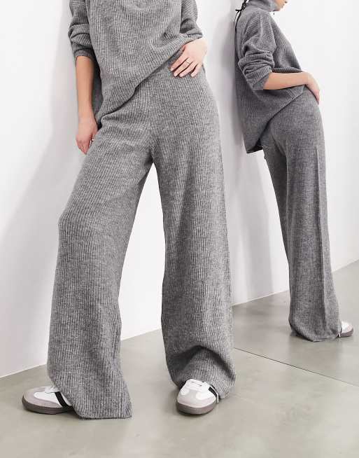 Plus Grey Brushed Rib Knit Wide Leg Pants