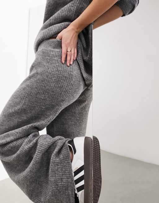 ASOS EDITION ribbed wide leg knit pants in light gray - part