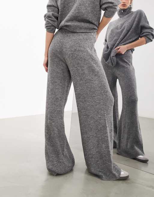 Grey Ribbed Knit Casual Cropped Top and Wide Leg Pants Set