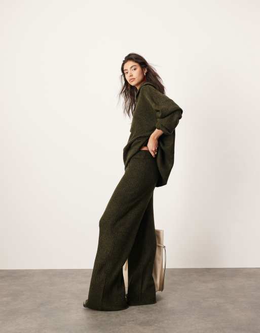ASOS EDITION - Ribgebreide broek met wijde pijpen in kaki, deel van co-ord set