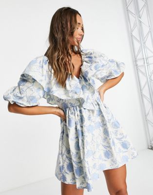 ASOS EDITION ruffle detail mini smock dress in blue floral jacquard - ASOS Price Checker