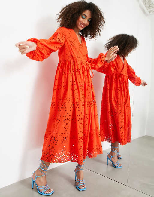 ASOS EDITION Robe babydoll mi longue coupe cache c ur en broderie anglaise Rouge tomate