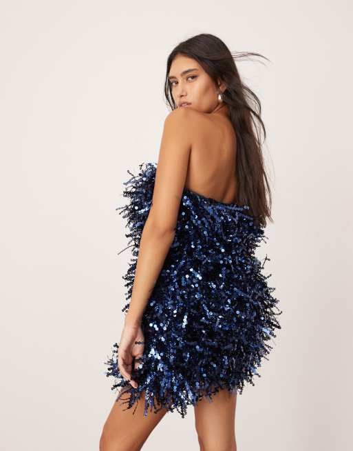 ASOS EDITION Robe bandeau courte a sequins avec franges Bleu marine