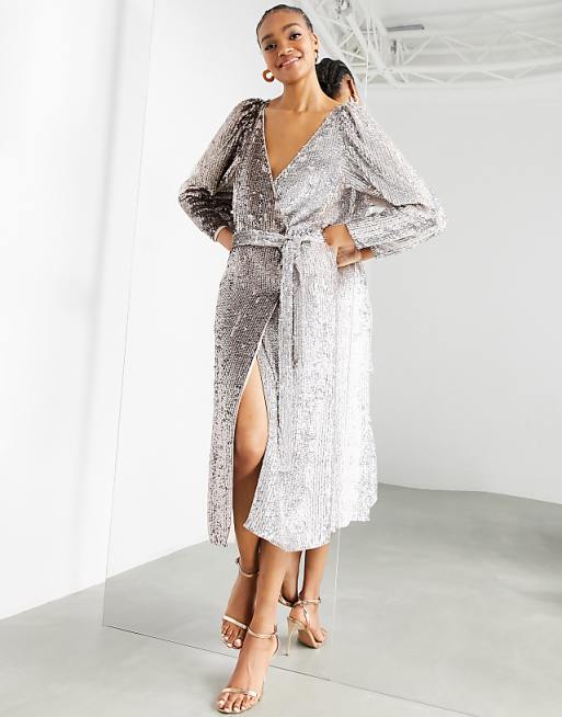 ASOS EDITION - Robe cache-cÅur à sequins et effet ombré - Argenté | ASOS