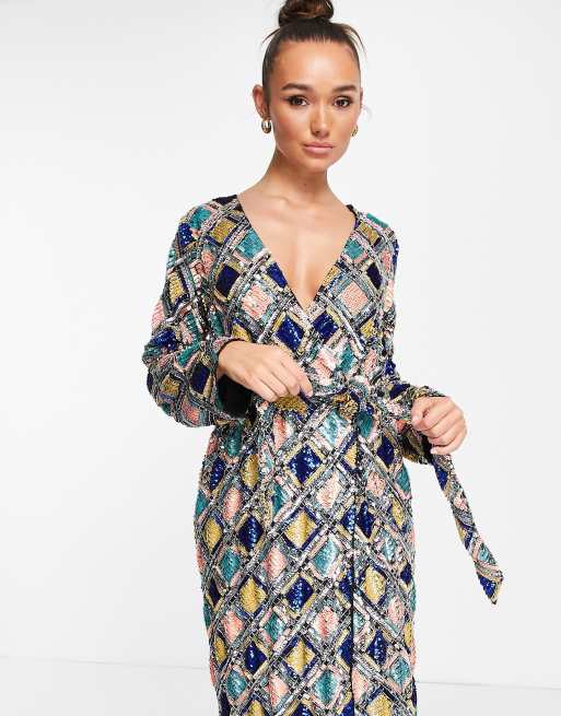 ASOS EDITION Robe cache c ur mi longue losanges avec ceinture et sequins