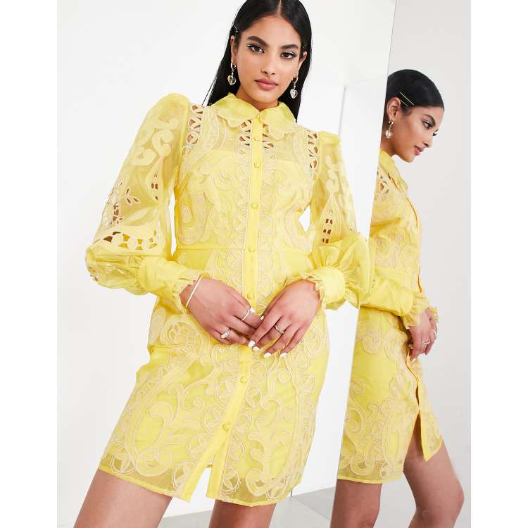 ASOS EDITION Robe chemise courte brodee en organza Jaune ASOS