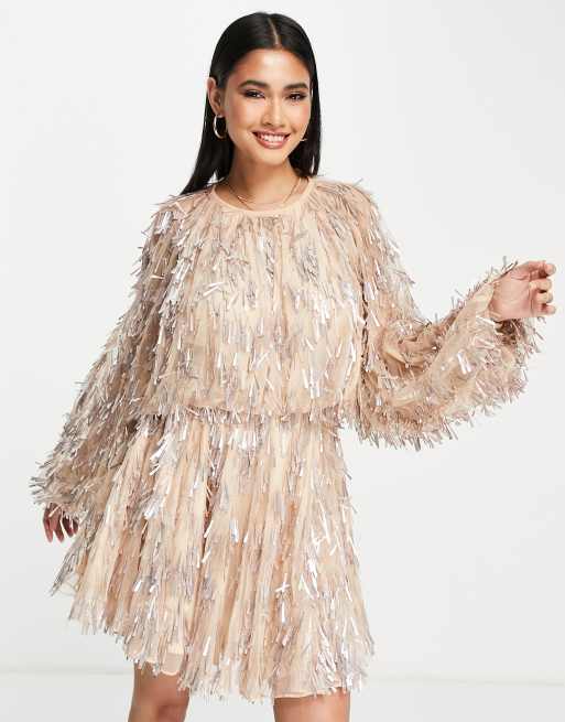 ASOS EDITION Robe courte manches blouson avec sequins en goutte d eau Blush