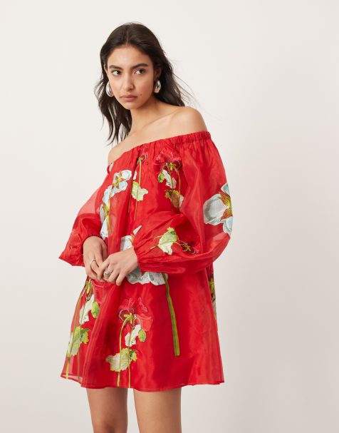 ASOS EDITION - Robe courte ample en organza à broderie fleurs et encolure Bardot - Rouge - view 1