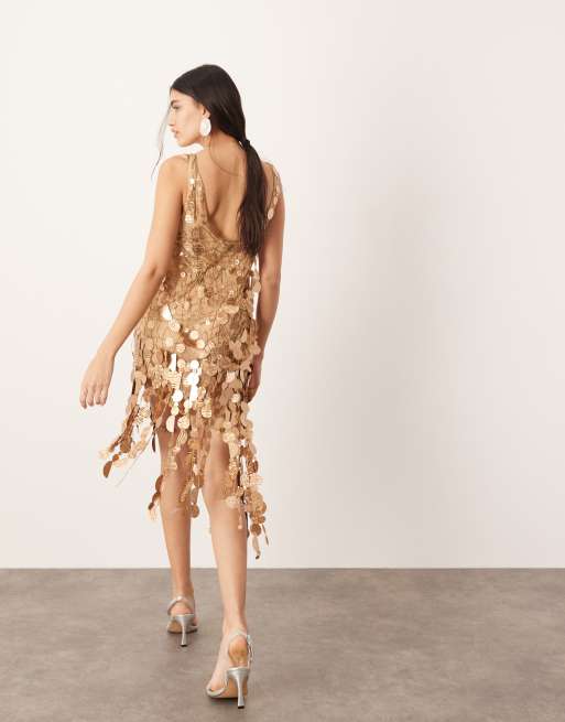 ASOS EDITION - Robe courte asymétrique sequins avec détails croisillons transparents et ourlet à franges - Bronze, 3 de 4