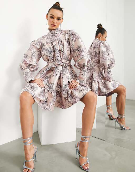 ASOS EDITION - Robe courte ceinturée en jacquard avec col en pointe - Rose fleuri , 4 de 4