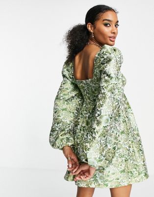 Robes EDITION - Robe courte empire à imprimé floral jacquard - Vert