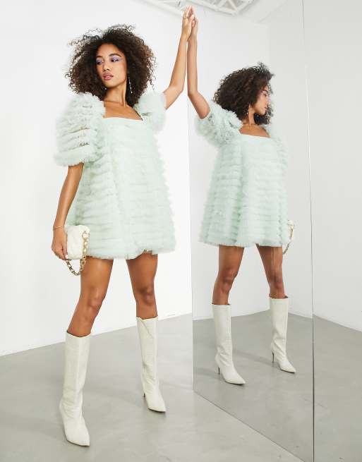ASOS EDITION - Robe courte en tulle à manches bouffantes et encolure carrée - Vert sauge, 2 de 4