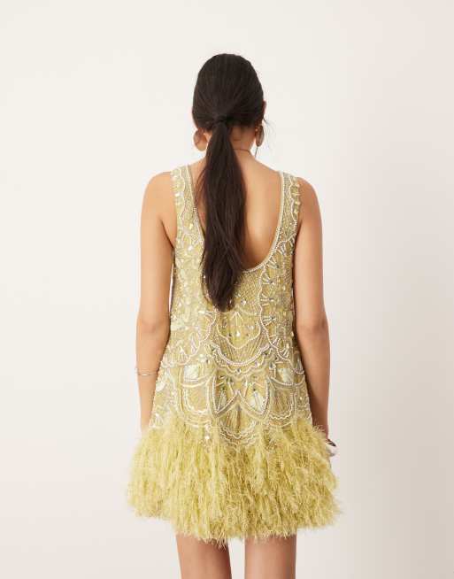ASOS EDITION - Robe courte et ornementée avec encolure dégagée et ourlet à plumes synthétiques - Citron vert, 3 de 4