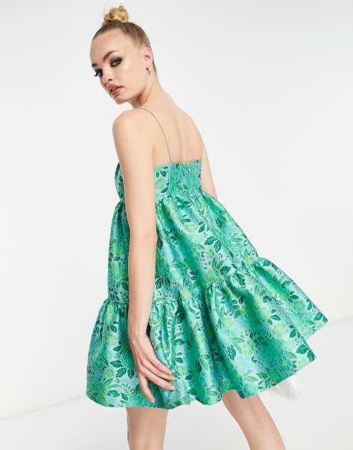 ASOS EDITION - Robe courte trapèze à fines bretelles et taille empire en jacquard fleuri - Vert, 2 de 4