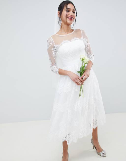 Asos Edition Robe De Mariage Et De Bal De Promo Mi Longue En Dentelle à Manches Longues