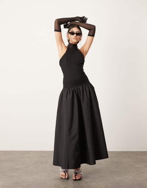 ASOS EDITION - Robe dos nu longue à taille basse en tissu contrastant - Noir