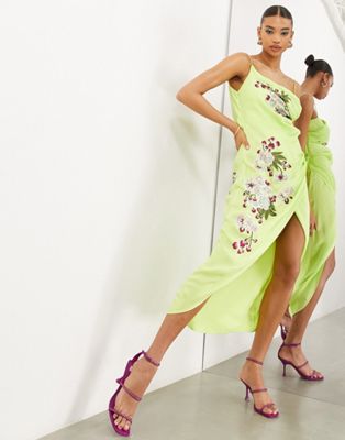 ASOS EDITION cherry blossom embroidery satin drape cami midi dress in lime green - ASOS Price Checker