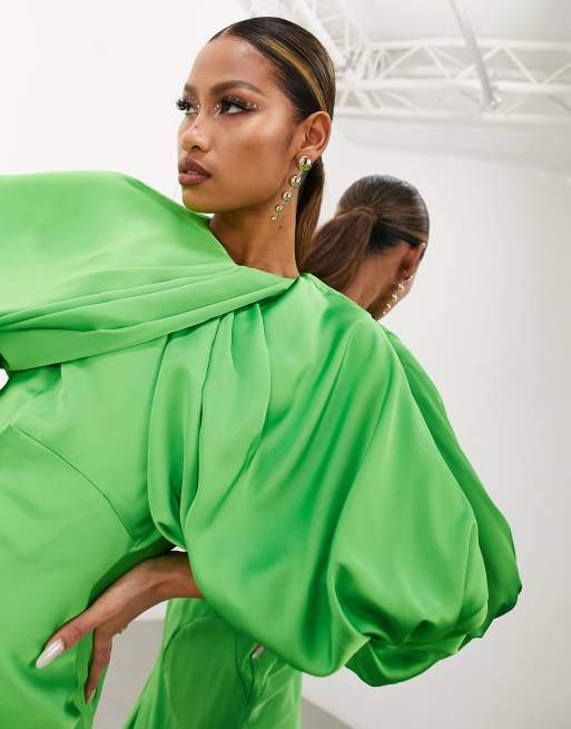 ASOS EDITION - Robe drapée mi-longue en satin à manches blousantes - Vert, 3 de 4