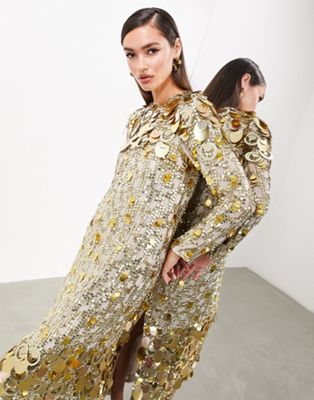 ASOS EDITION stacked multi sequin long sleeve column midaxi dress in gold - ASOS Price Checker