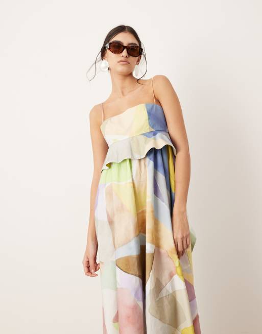 ASOS EDITION Robe empire mi longue a bretelles fines et imprime abstrait Tons pastel ASOS
