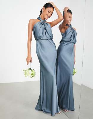 ASOS EDITION satin ruched halter neck maxi dress in dusky blue - ASOS Price Checker