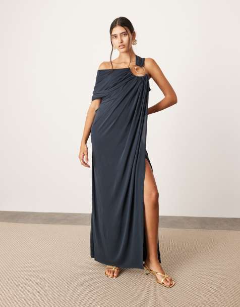 ASOS EDITION - Robe longue à encolure asymétrique et spirale métallique - Bleu foncé - view 1