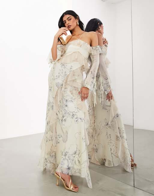 ASOS EDITION Robe longue fleurs dos nu avec volants bords bruts et paules nues