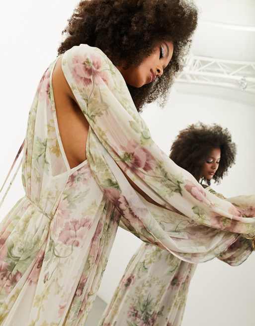 ASOS EDITION - Robe longue à fleurs vintage en mousseline avec manches fendues - Crème, 3 de 4