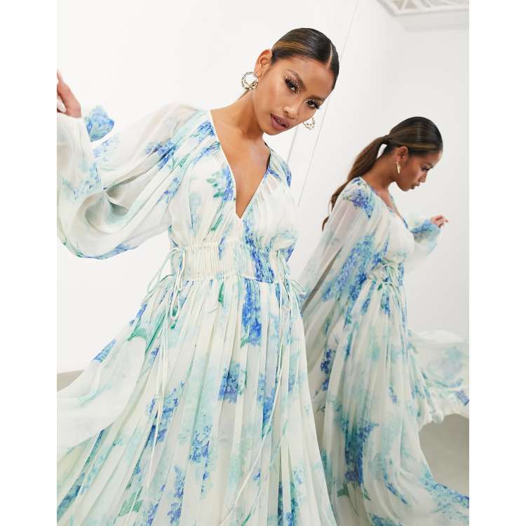 ASOS EDITION Robe longue a imprime fleuri avec fronces a la taille et cordon de serrage Bleu ASOS