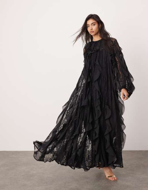 ASOS EDITION - Robe longue à volants avec empiècement en dentelle et bords effilochés - Noir, 2 de 4
