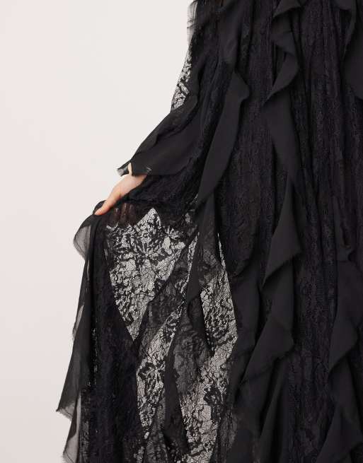 ASOS EDITION - Robe longue à volants avec empiècement en dentelle et bords effilochés - Noir, 3 de 4