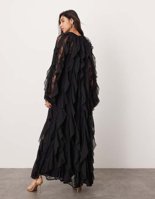 ASOS EDITION - Robe longue à volants avec empiècement en dentelle et bords effilochés - Noir, 4 de 4
