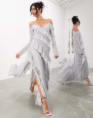 ASOS EDITION long sleeve bias cut maxi dress with raw edge frills in light grey - ASOS Price Checker