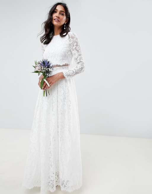 Asos Edition Robe Longue De Mariée En Dentelle Avec Crop Top à Manches Longues