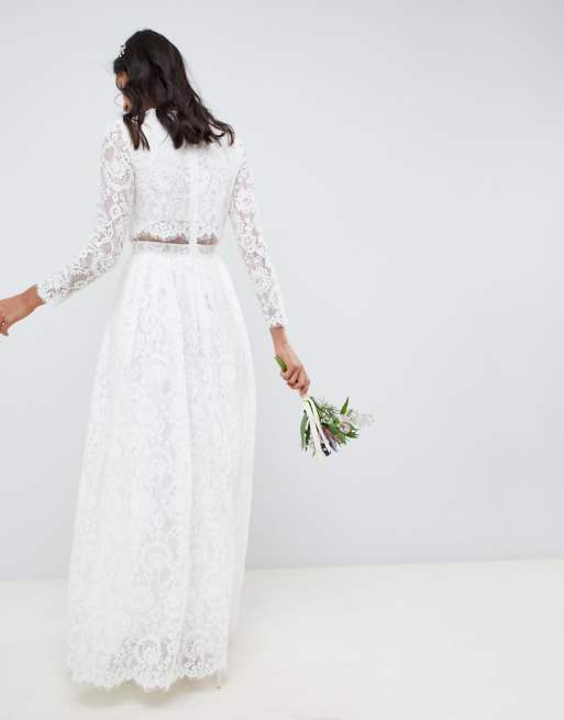 Asos Edition Robe Longue De Mariée En Dentelle Avec Crop Top à Manches Longues