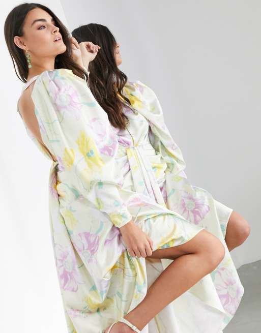 ASOS EDITION - Robe longue drapée en satin à imprimé fleurs de citronnier