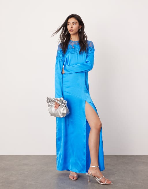 ASOS EDITION - Robe longue droite avec empiècement en dentelle brodée et manches longues - Bleu de cobalt, 2 de 4