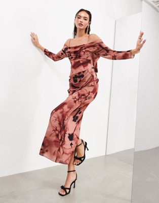 ASOS EDITION drape bardot long sleeve maxi dress in rose floral - ASOS Price Checker
