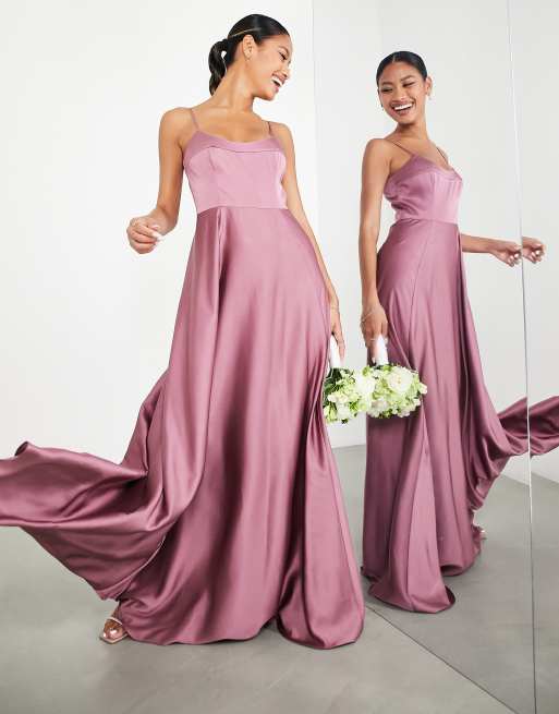 ASOS EDITION - Robe longue effet satiné à bretelles fines et jupe évasée - Orchidée
