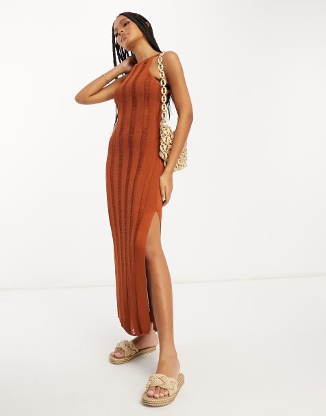 ASOS EDITION - Robe longue en maille échelle à bretelles - Rouille - view 1