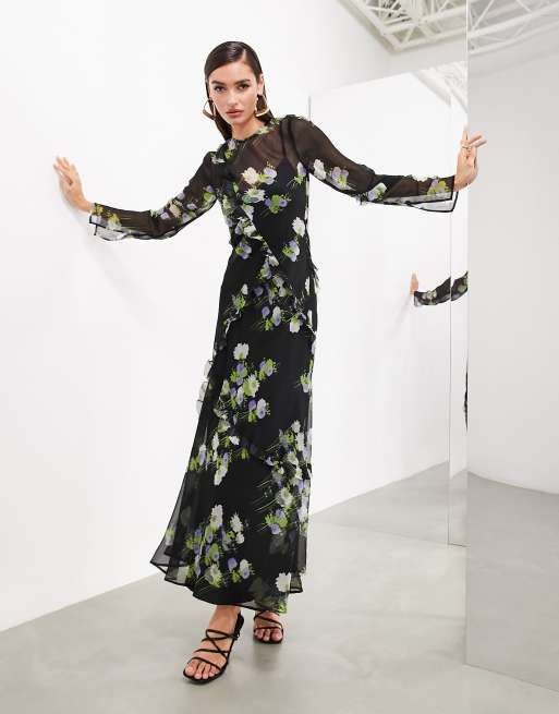 ASOS EDITION Robe longue en mousseline imprim fleuri avec manches longues et volants Noir