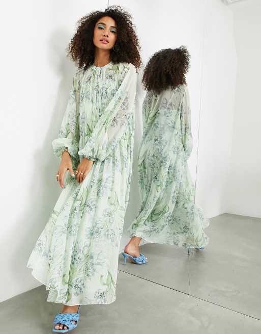 ASOS EDITION - Robe longue froncée sur le devant - Imprimé à fleurs vert