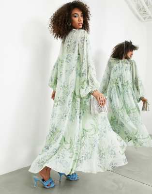 ASOS EDITION - Robe longue froncée sur le devant - Imprimé à fleurs vert |  ASOS