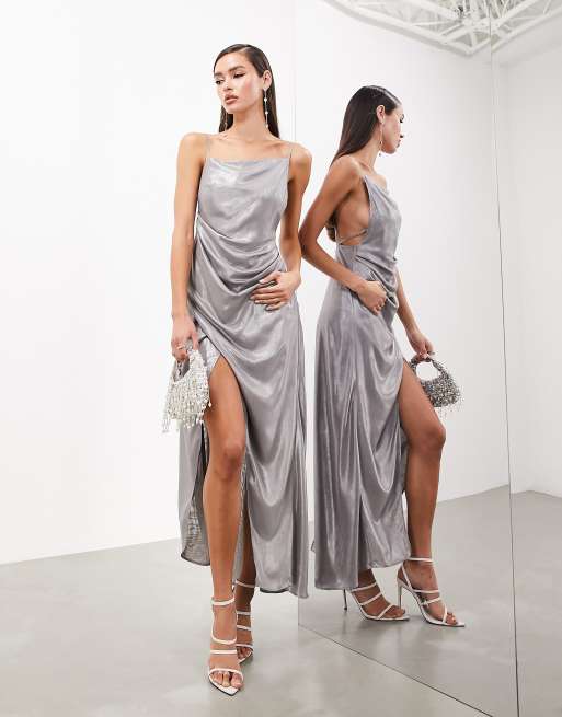 ASOS EDITION Robe longue metallisee avec detail drape et fines bretelles Argente ASOS