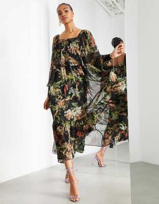 ASOS EDITION - Robe longue oversize avec encolure carrée - Imprimé forêt